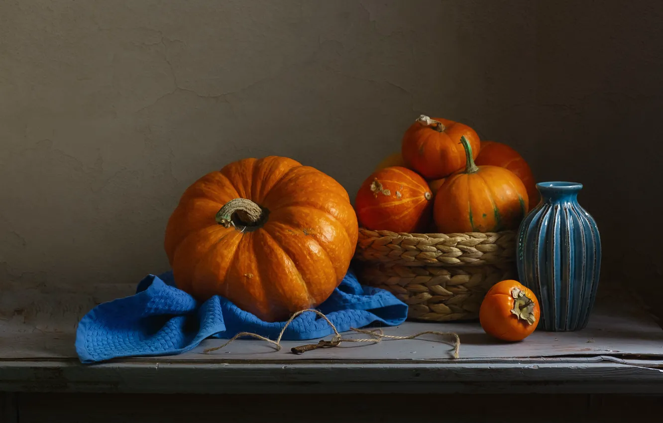 Photo wallpaper towel, pumpkin, vase, still life, network, persimmon