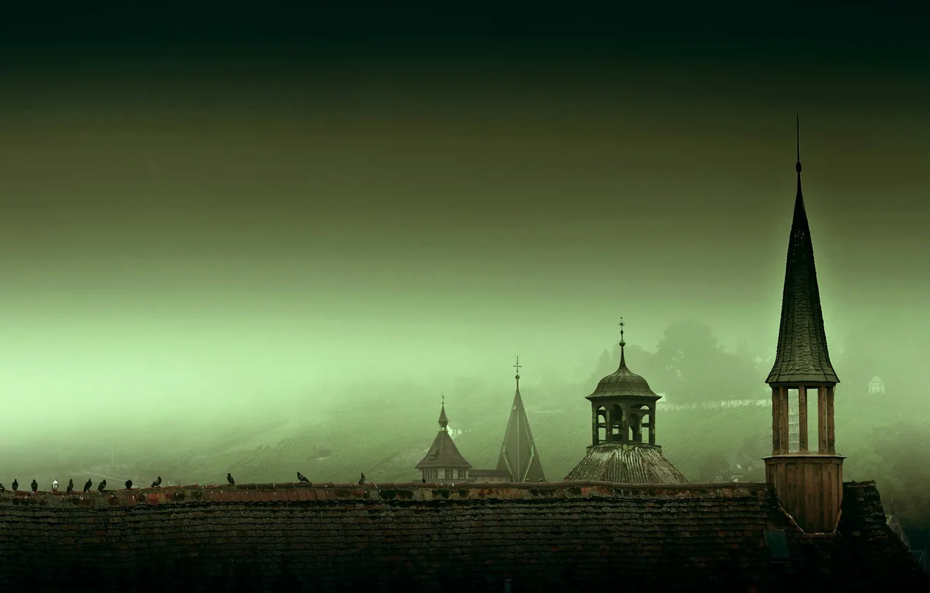 Photo wallpaper roof, the sky, the city, fog, haze, turret