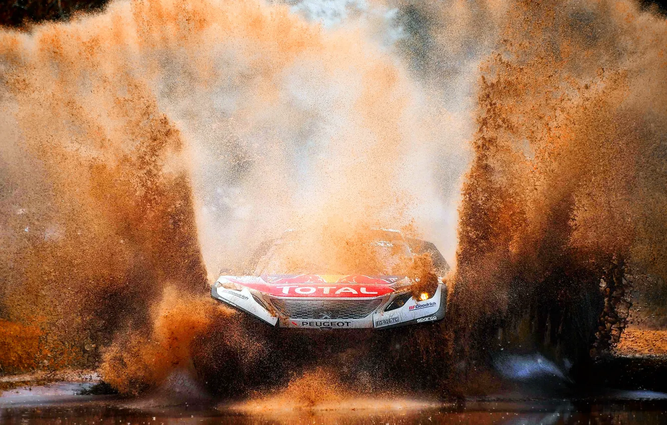 Photo wallpaper Water, Auto, Sport, Machine, Speed, Dirt, Puddle, Peugeot