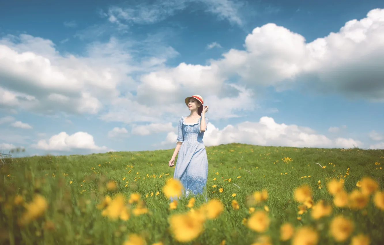 Photo wallpaper field, summer, girl, clouds, nature, meadow, hat, walk