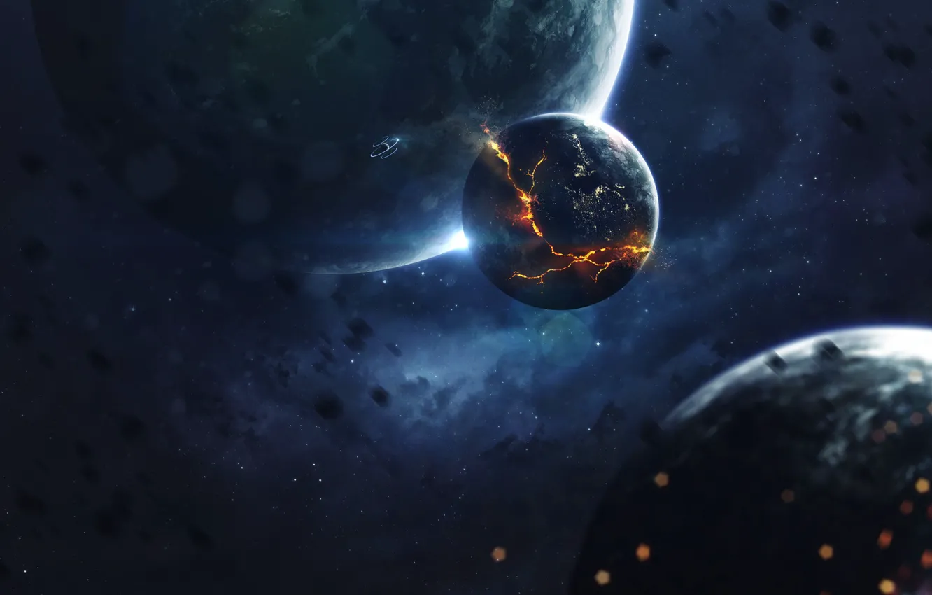 Photo wallpaper space, stars, nebula, cracked, fiction, planet, satellite, asteroids