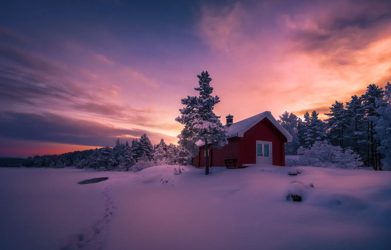 Photo wallpaper winter, snow, sunset, paint, trail, the evening, house