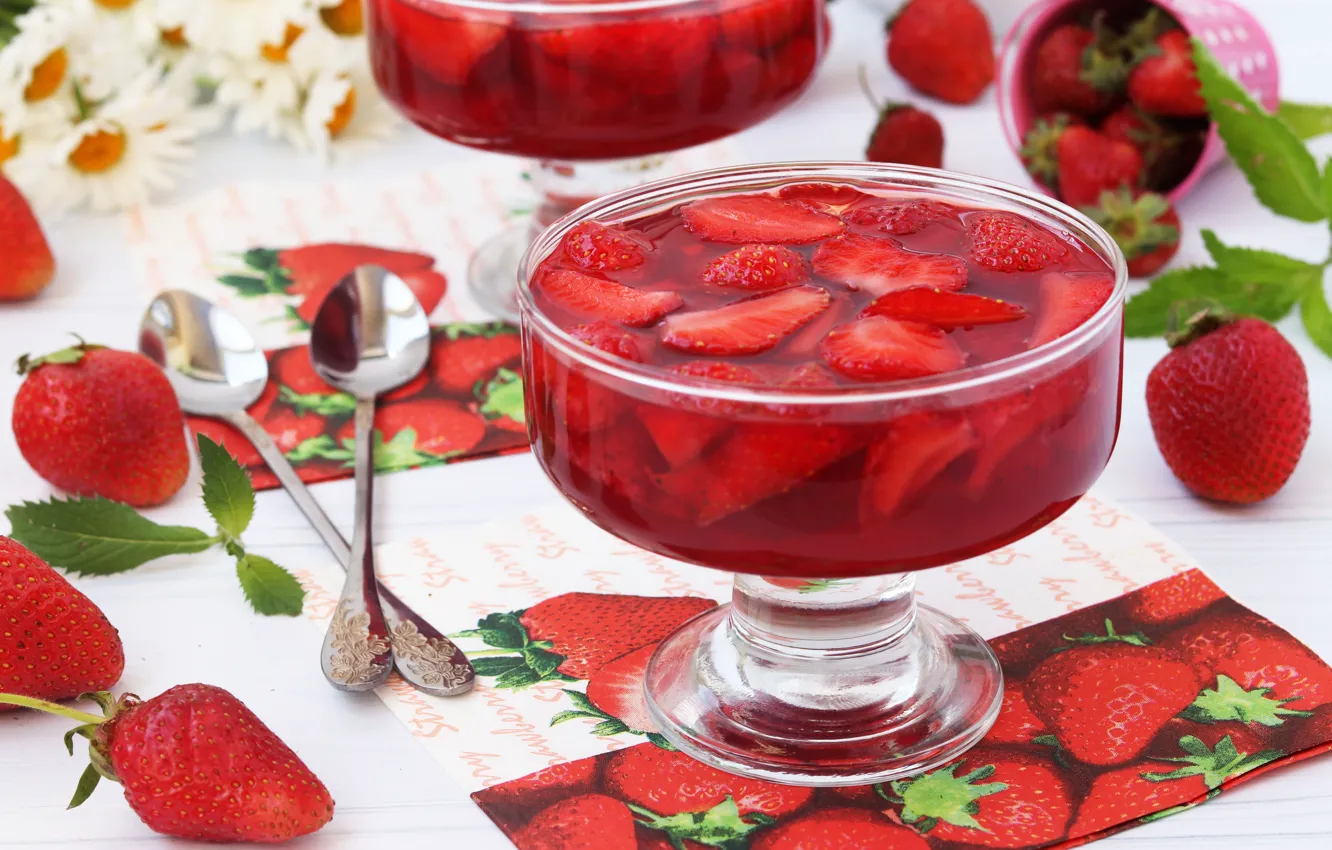 Photo wallpaper berries, strawberry, spoon, jelly