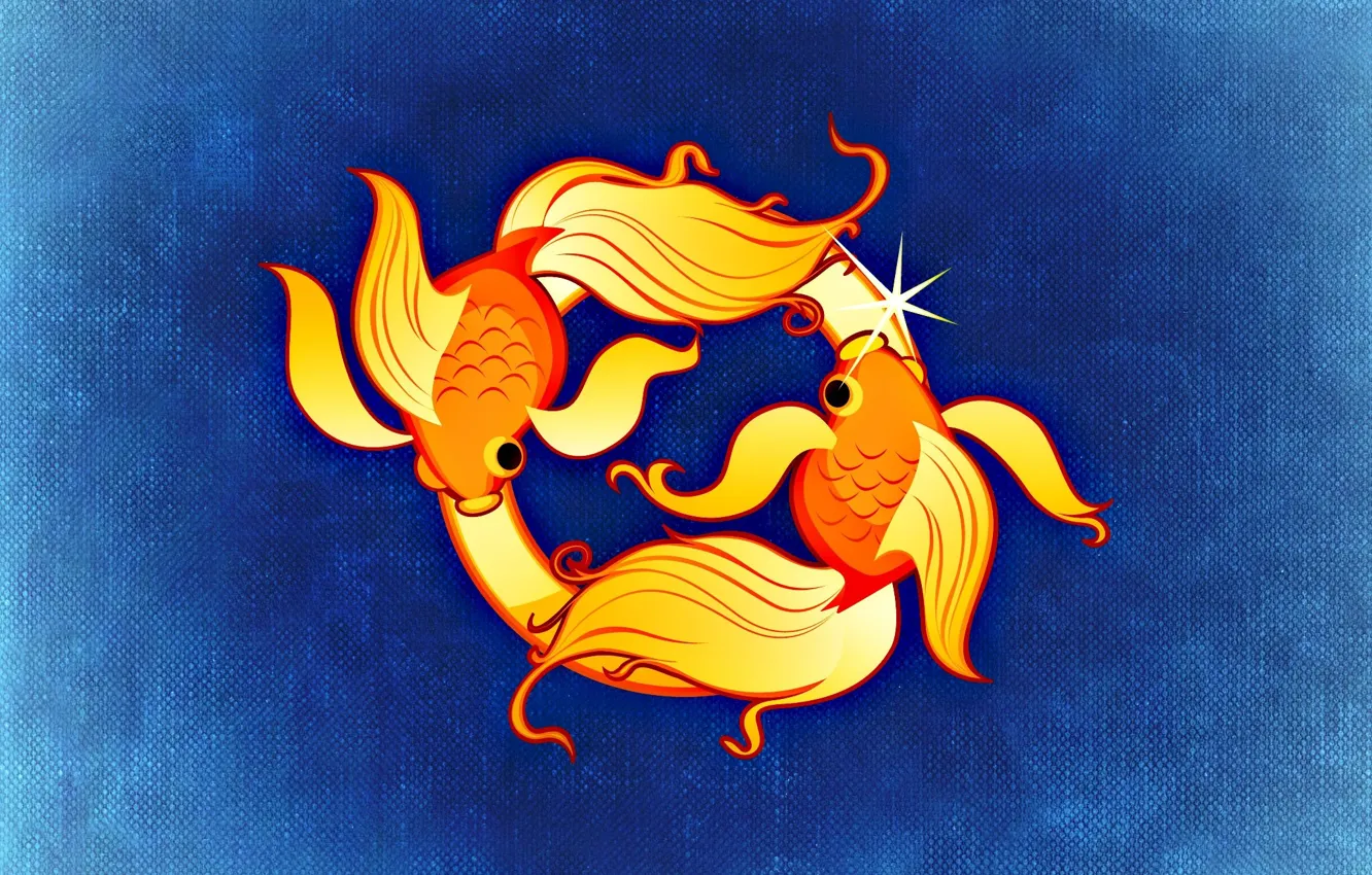 Photo wallpaper yellow, figure, graphics, fish, symbol, blue background, the signs of the zodiac, symbols