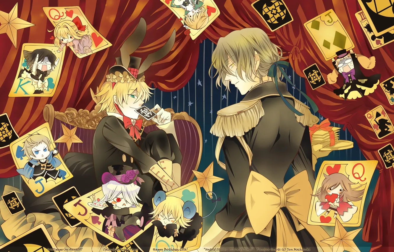 Photo wallpaper emotions, chair, hat, costume, guys, curtain, bow, Pandora Hearts