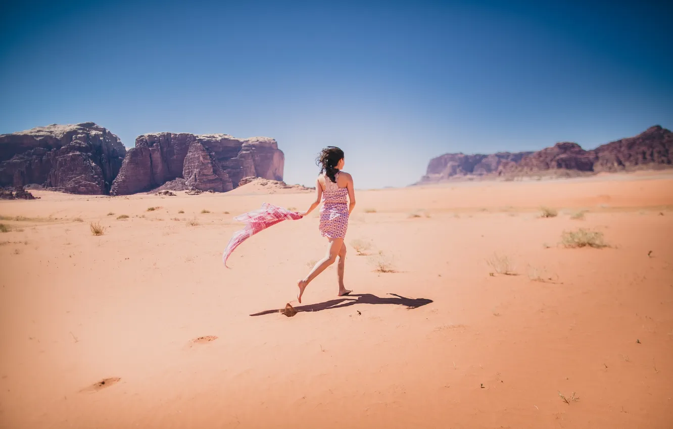 Photo wallpaper sand, summer, the sky, girl, the sun, hills, desert, shadow