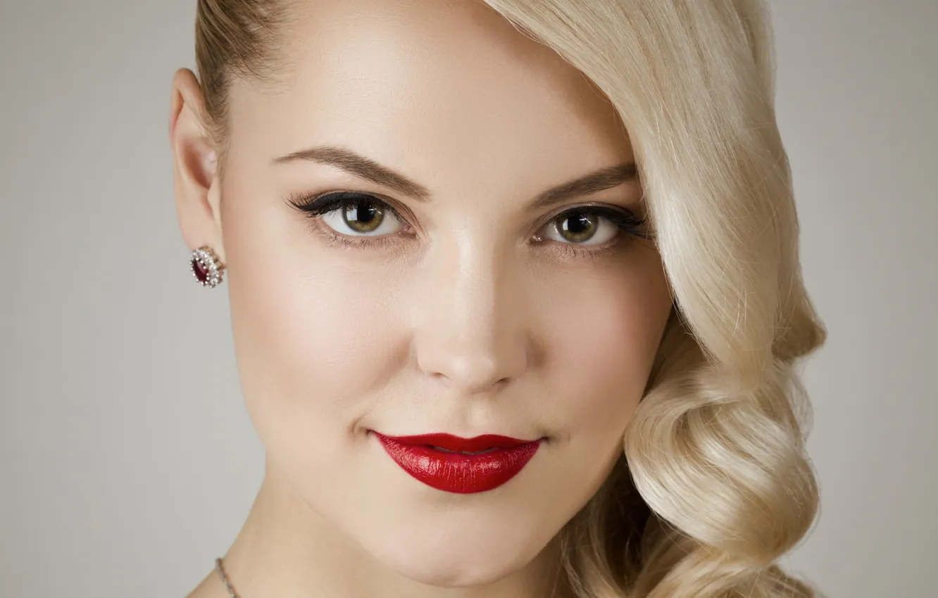 Photo wallpaper look, girl, background, earrings, makeup, blonde, red lips