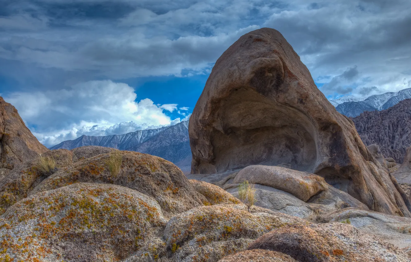 Photo wallpaper the sky, clouds, mountains, stones, rocks