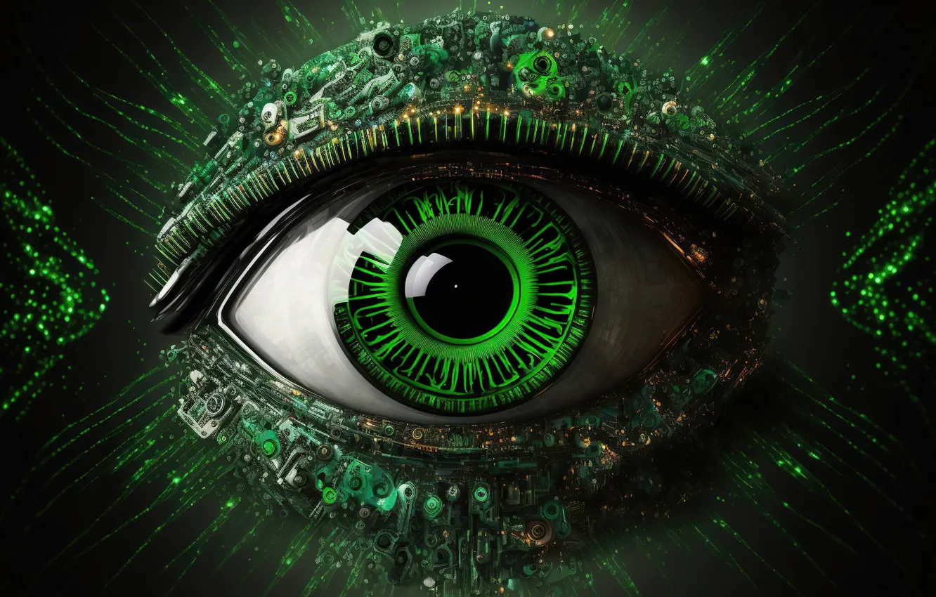 Photo wallpaper eyes, green, green, chip, eye, digital art, digital art, microchips