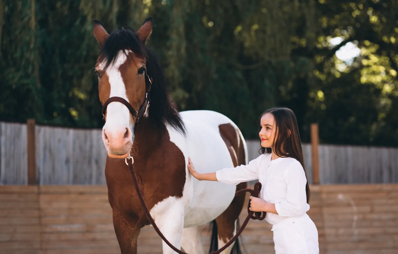 Photo wallpaper children, smile, horse, horse, the fence, girl, communication