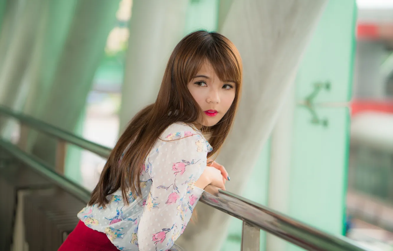 Photo wallpaper girl, hair, skirt, blouse, Asian, bokeh
