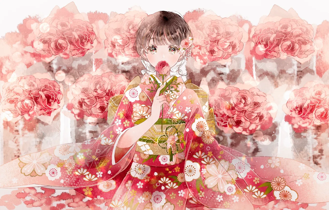 Photo wallpaper girl, flowers, roses, kimono