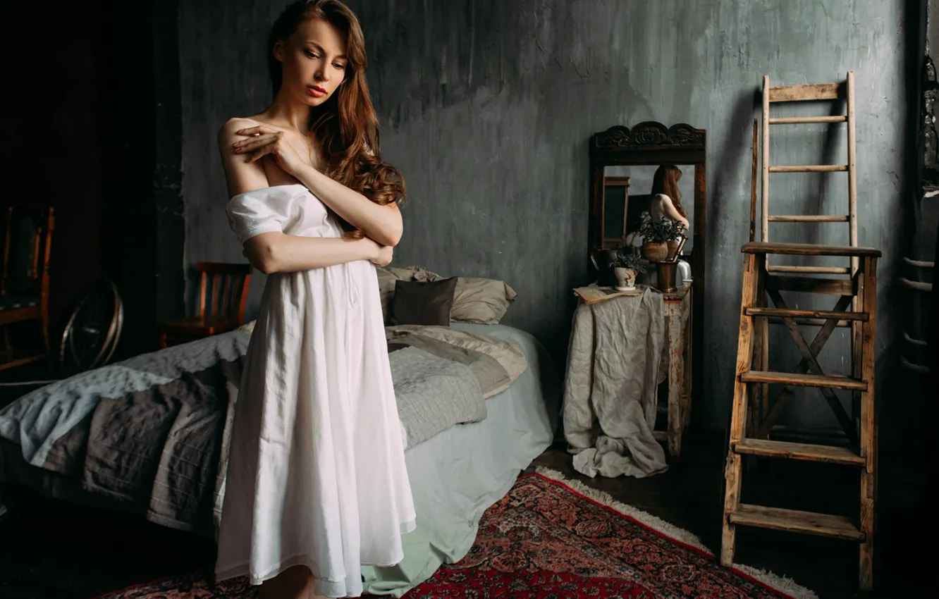 Photo wallpaper girl, reflection, room, mirror, bed
