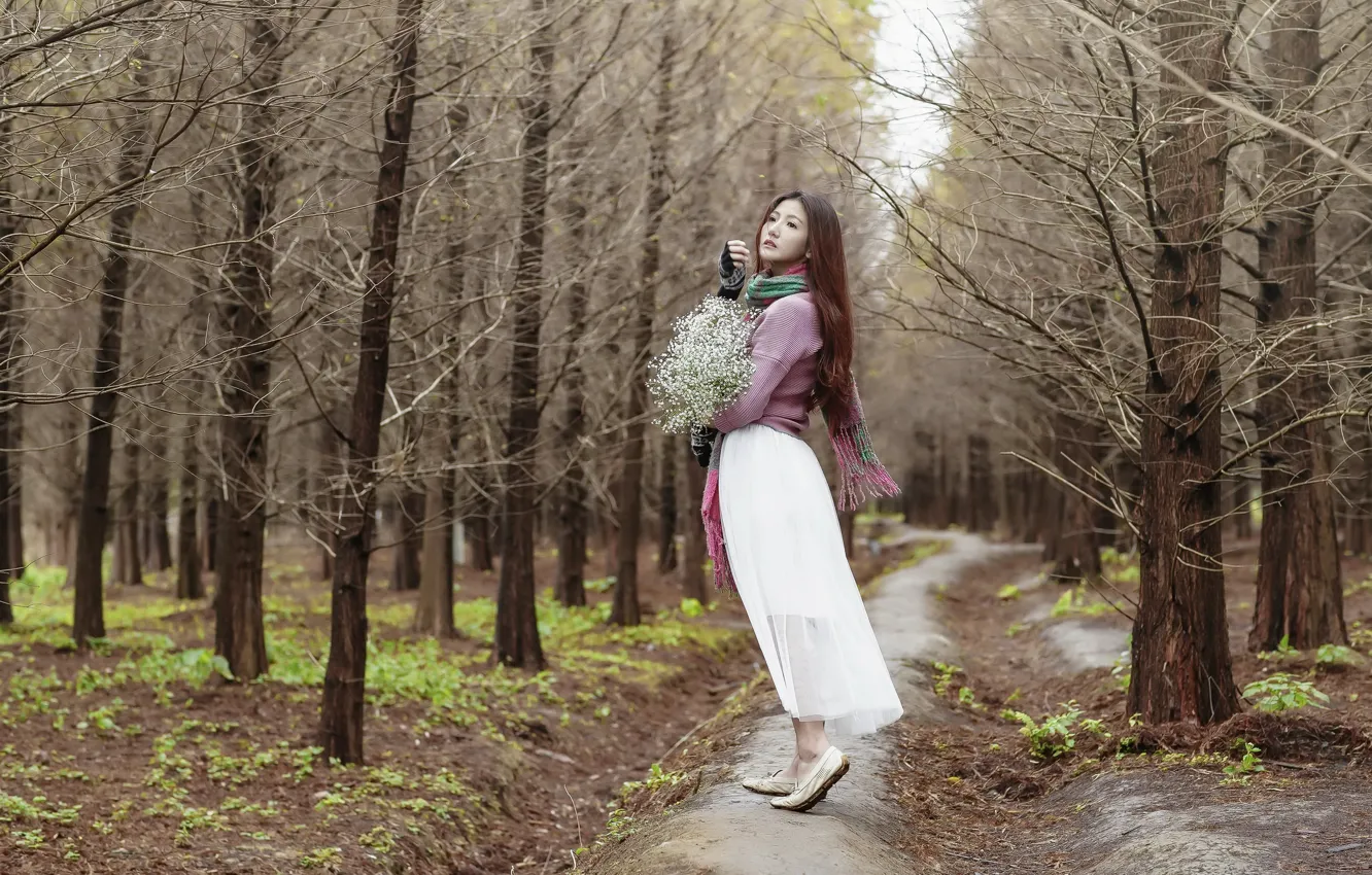 Photo wallpaper forest, girl, flowers, nature, mood