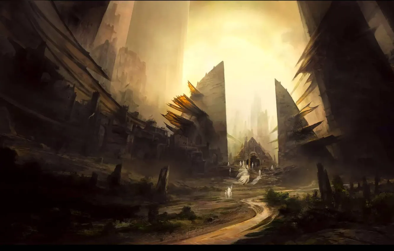 Photo wallpaper the sky, the city, river, fantasy, darkness, people, building, art