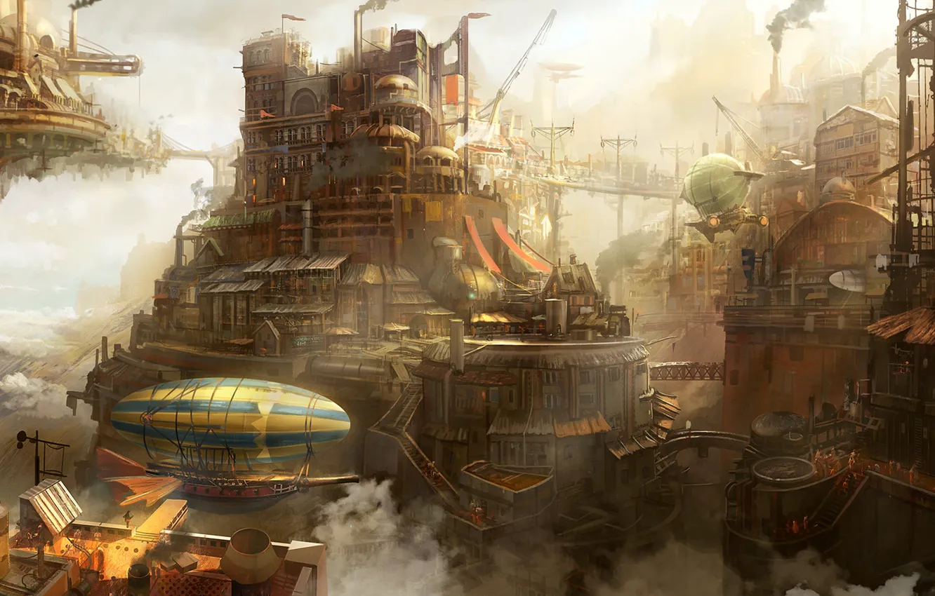 Photo wallpaper the city, building, pair, the airship, Steampunk