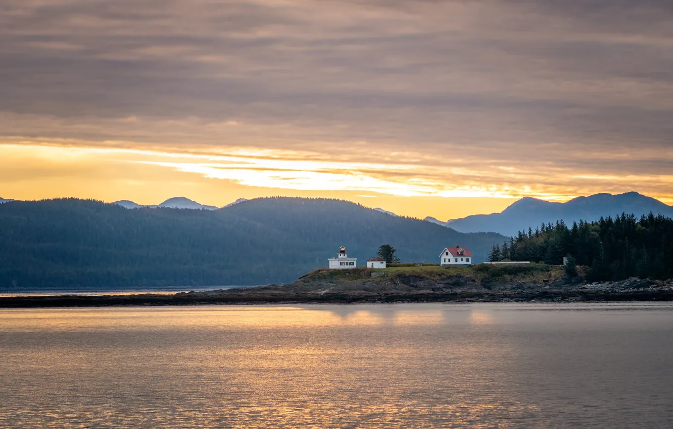 Photo wallpaper forest, mountains, shore, lighthouse, Bay, house, pond