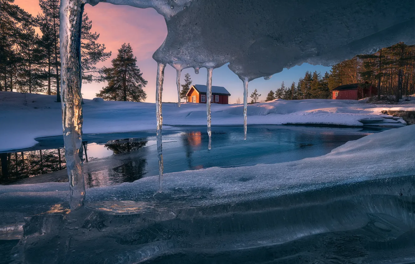 Photo wallpaper snow, house, ice, icicles, Ice Cave
