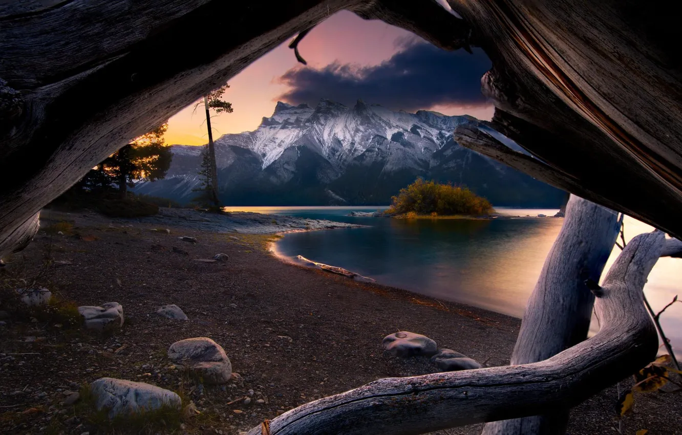 Photo wallpaper landscape, mountains, nature, lake, stones, shore, Canada, twilight