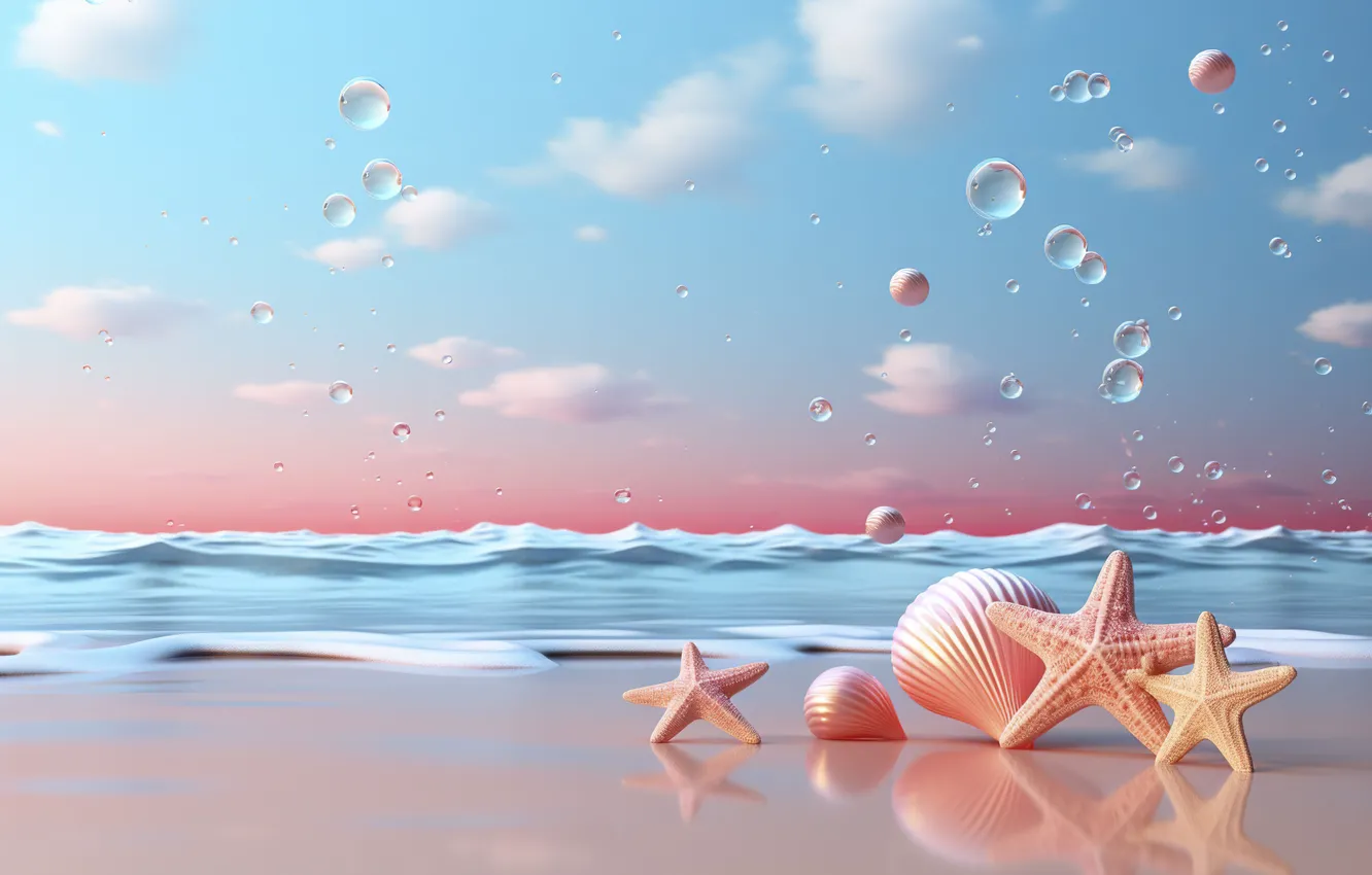 Photo wallpaper sea, beach, the ocean, shore, shell, starfish, seashells, seashell