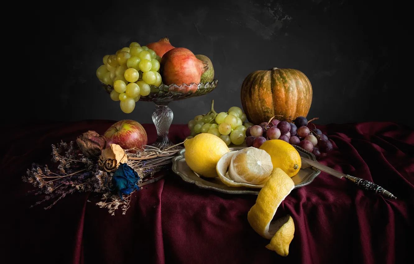 Photo wallpaper lemon, Apple, grapes, pumpkin, still life, the dried flowers