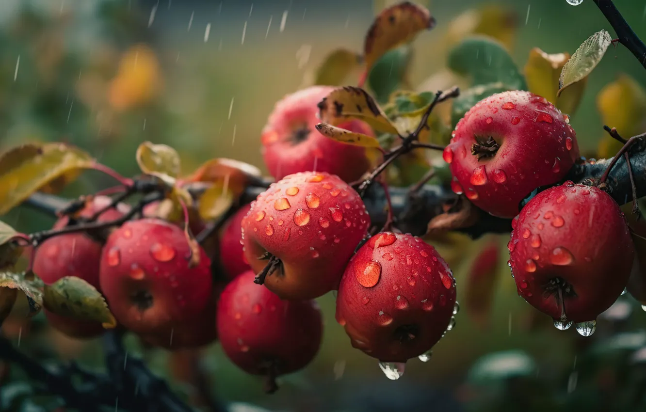 Photo wallpaper leaves, drops, apples, branch, harvest, red, hang, digital art