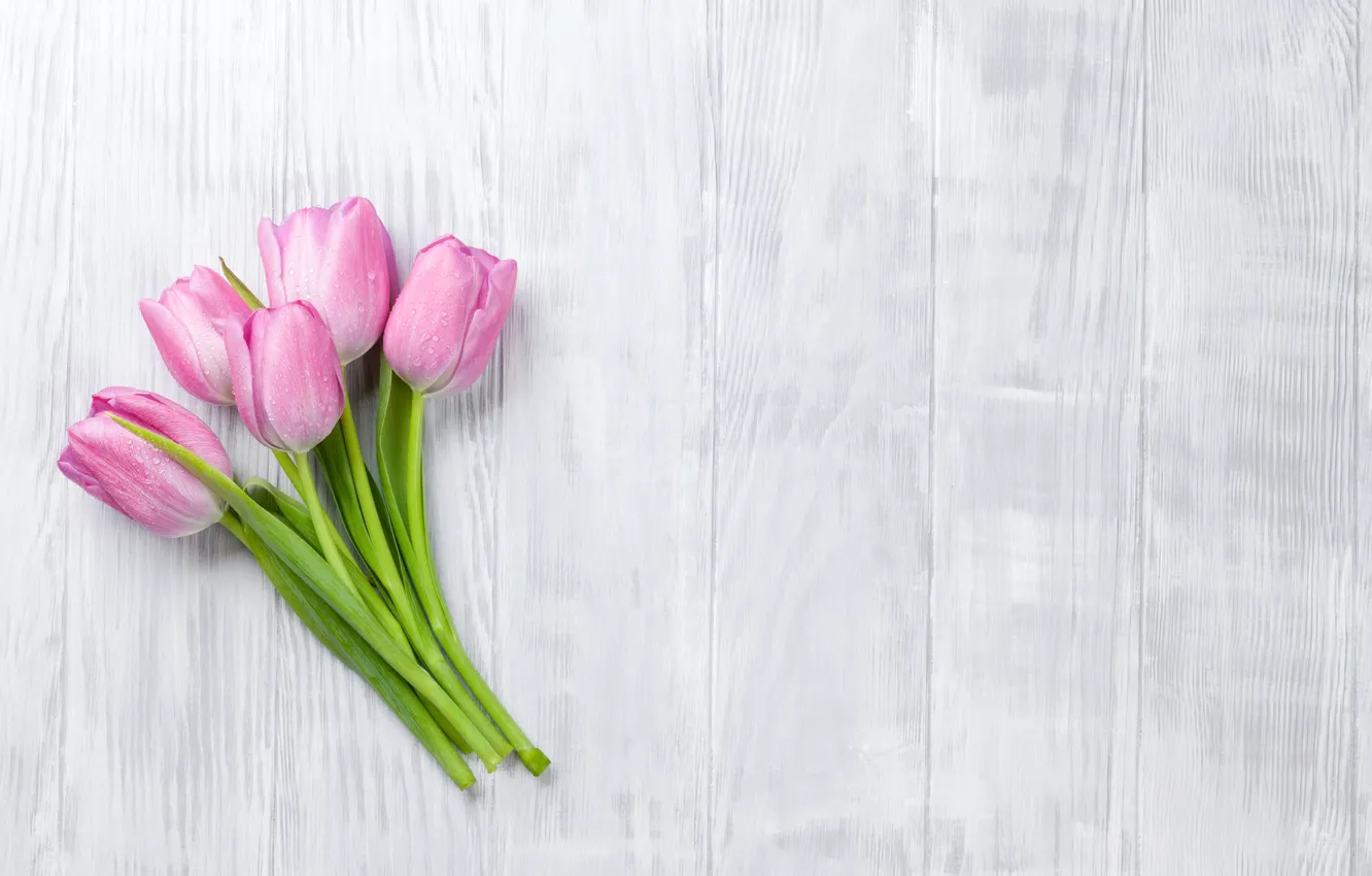 Photo wallpaper flowers, bouquet, tulips, wood, pink, flowers, tulips, spring