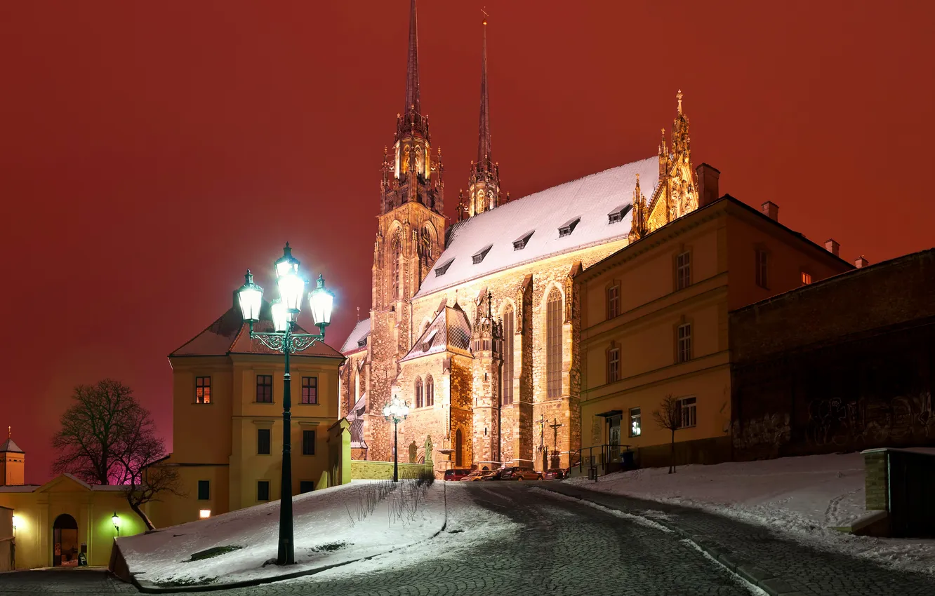 Photo wallpaper winter, light, snow, night, lights, castle, street, tower