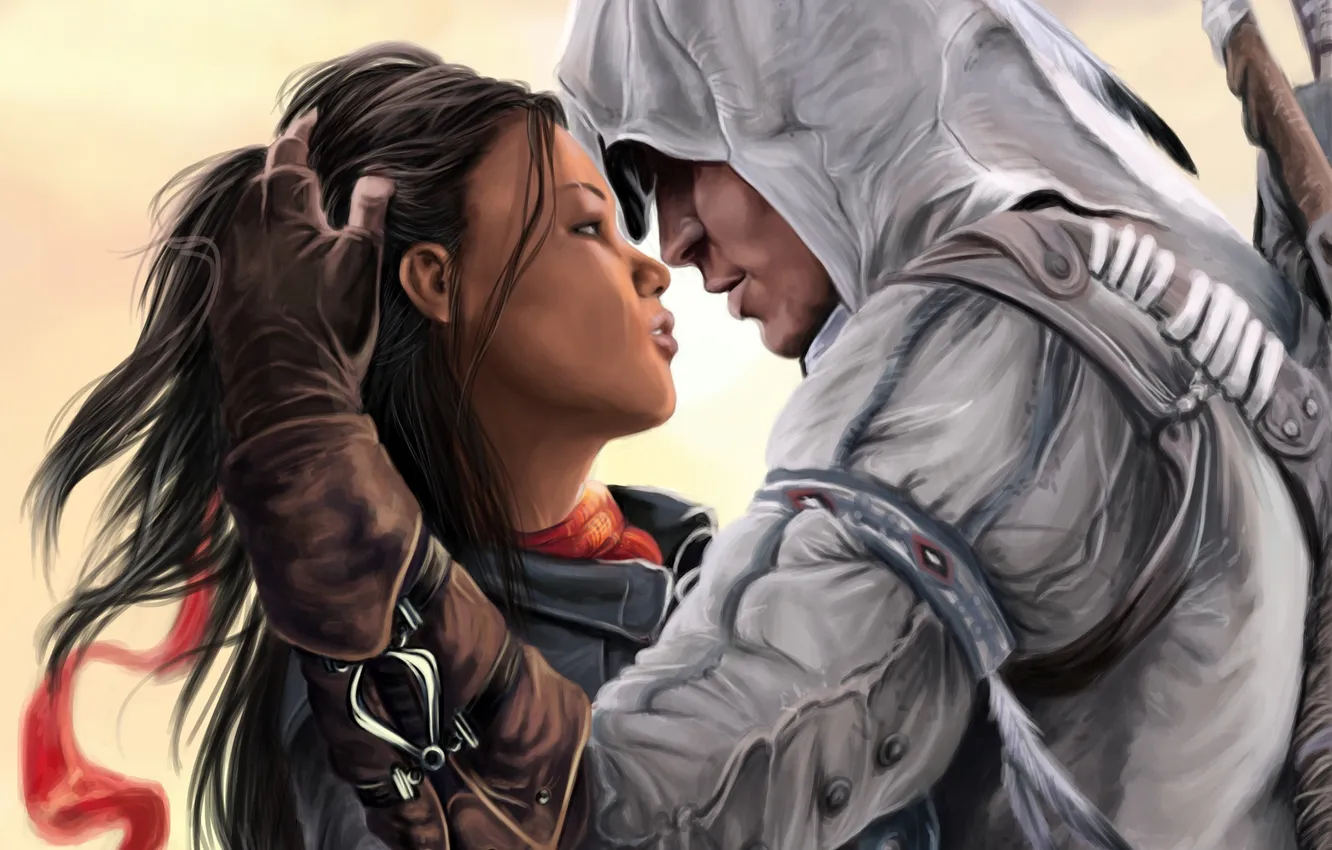 Photo wallpaper girl, red, hood, tape, guy, assassins creed 3, Connor, Aveline