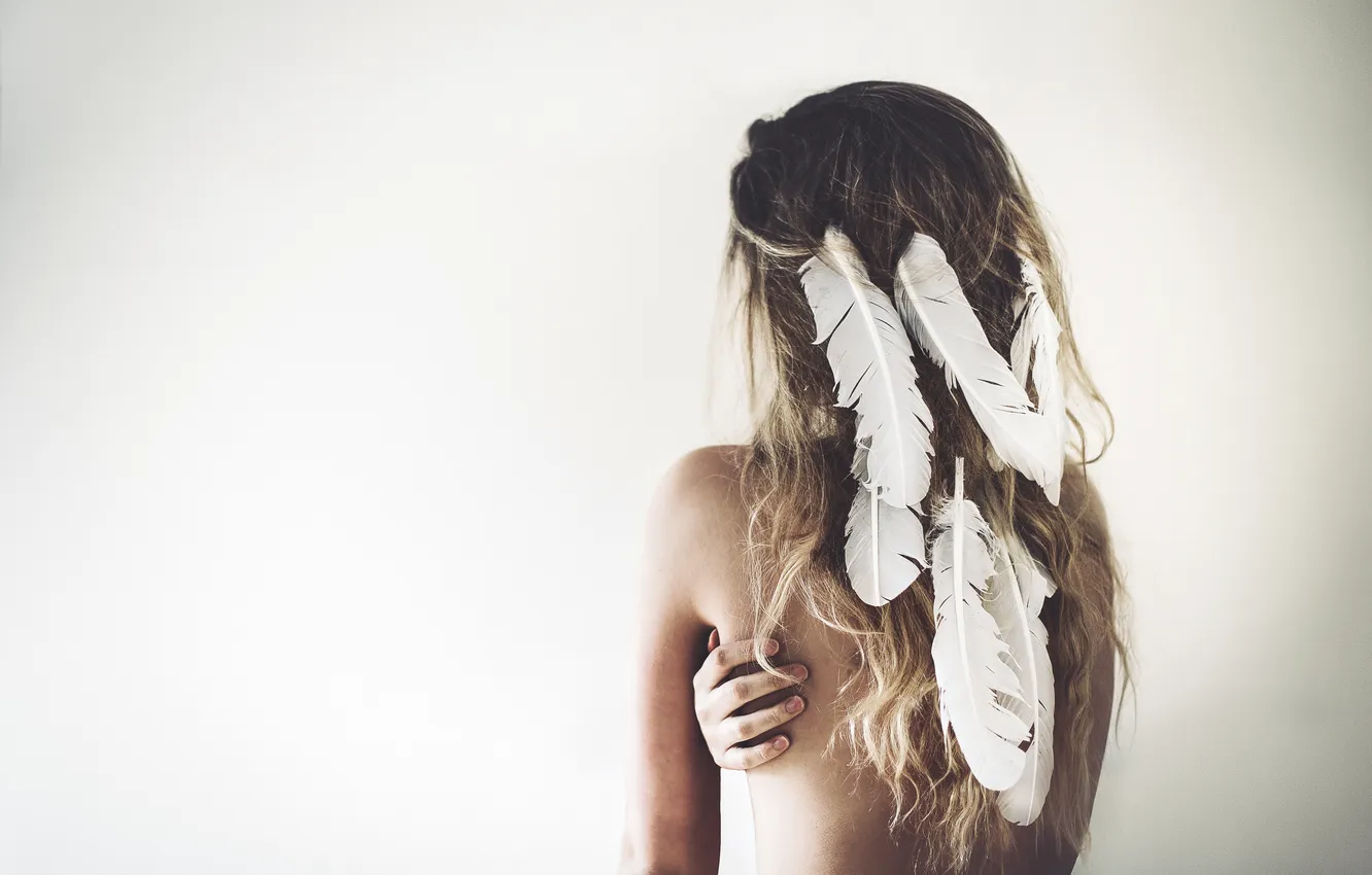 Photo wallpaper girl, hair, feathers