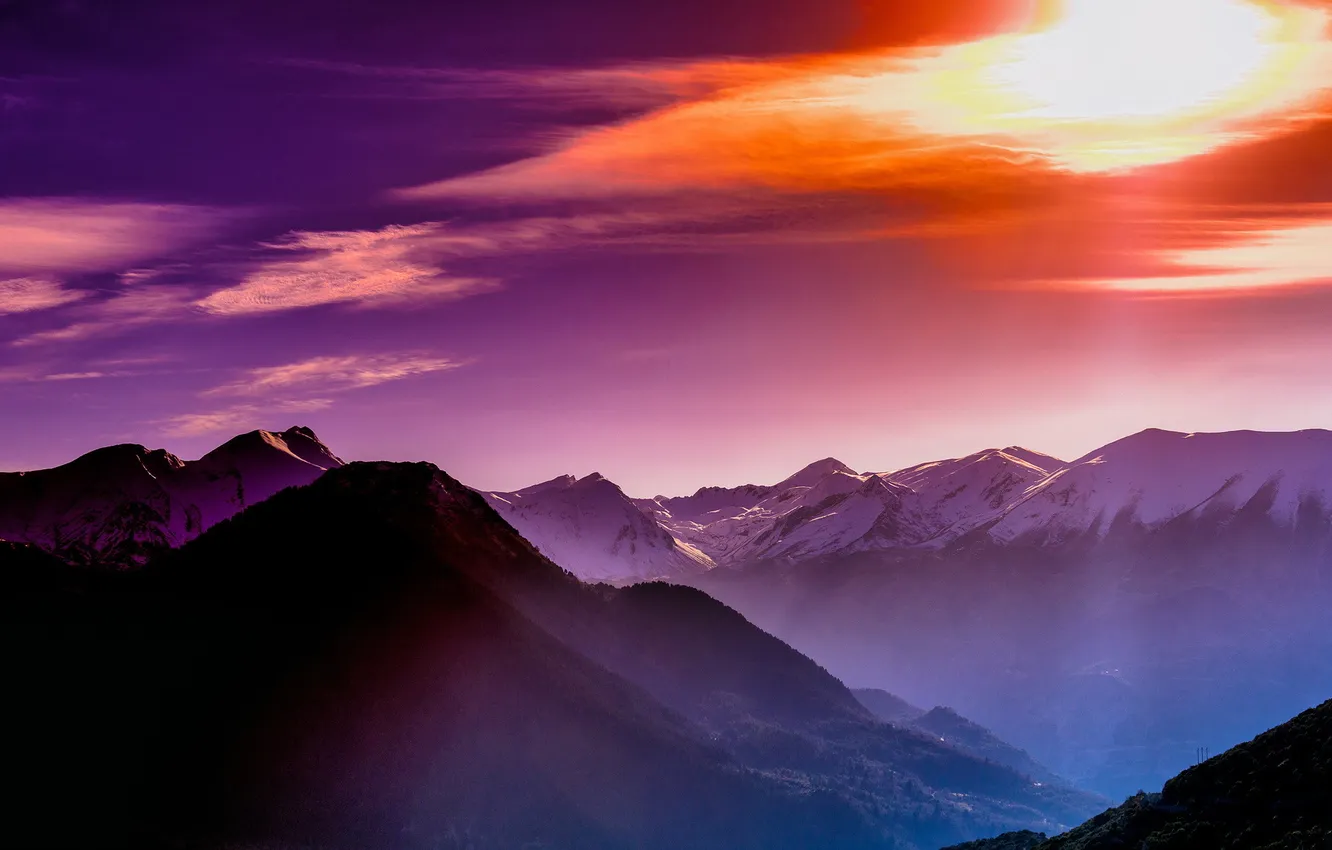 Photo wallpaper sky, sunset, winter, mountains, horizon, violet, mountainline