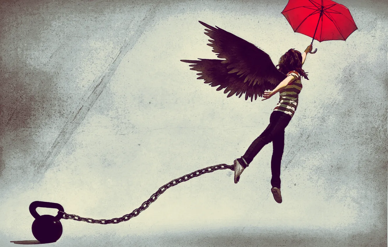 Photo wallpaper girl, umbrella, figure, wings, umbrella, chain, weight