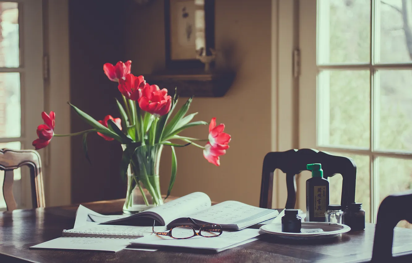 Photo wallpaper flowers, red, table, room, window, glasses, tulips, notebook