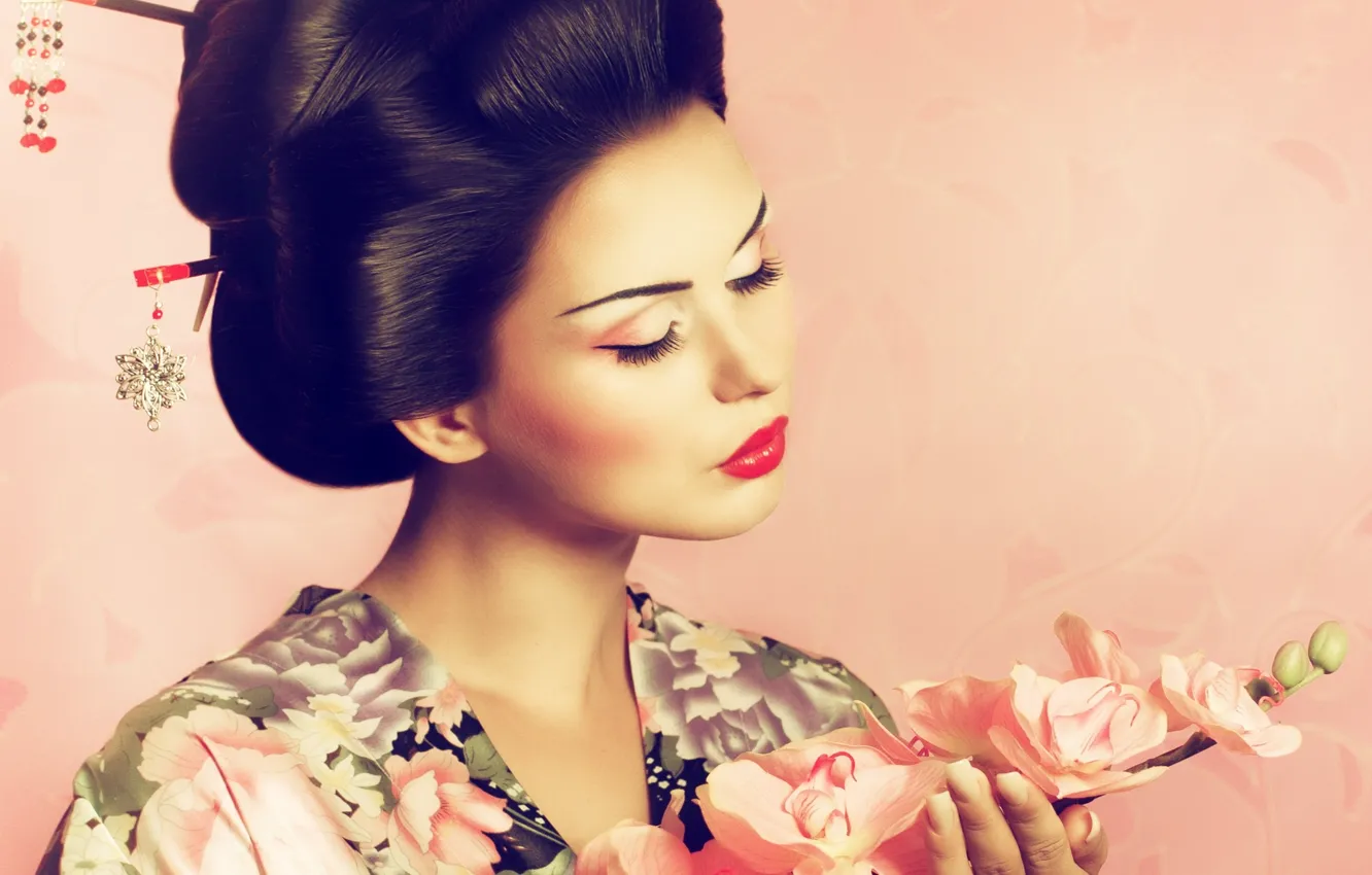 Photo wallpaper background, Japan, Sakura, hairstyle, kimono, girl. makeup