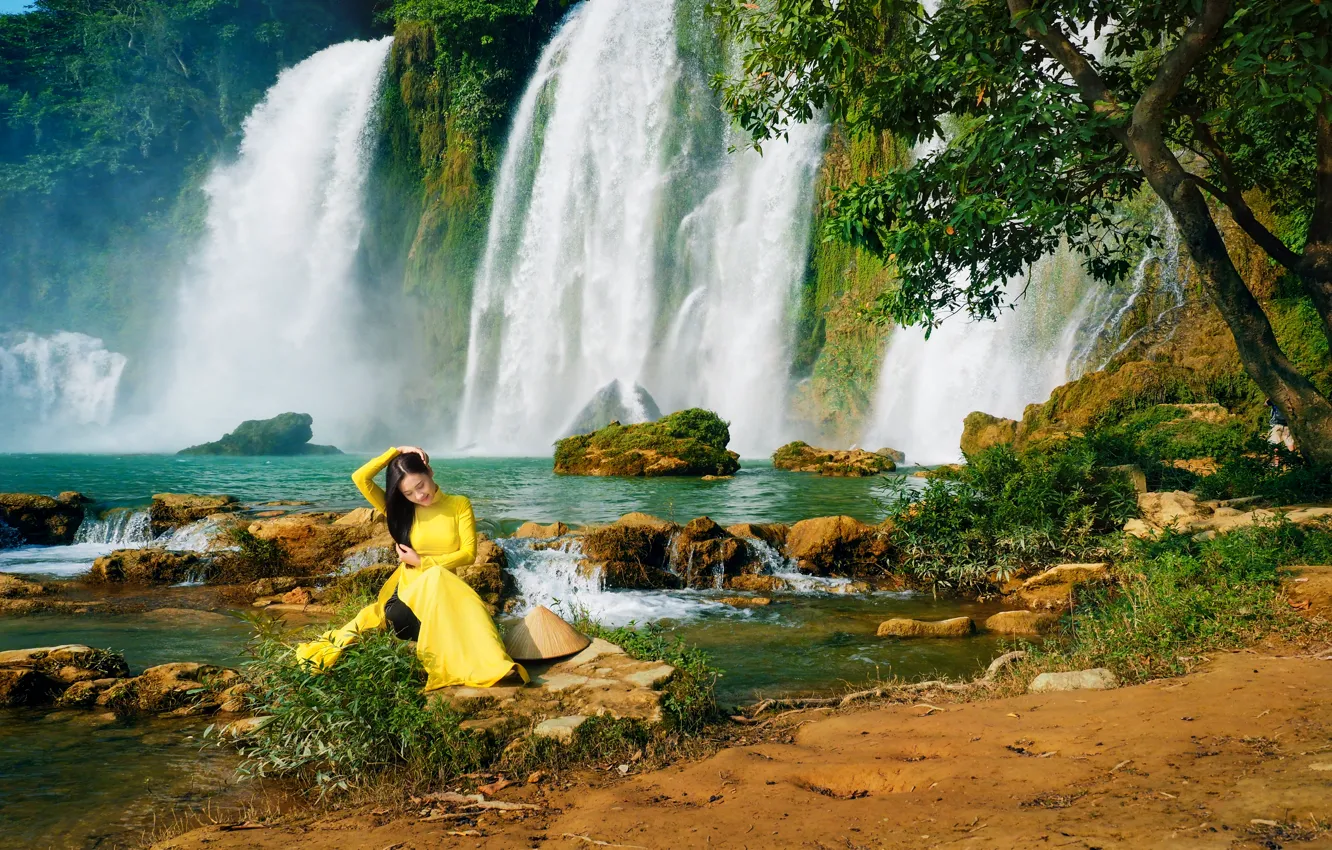 Photo wallpaper girl, nature, waterfall, dress, East
