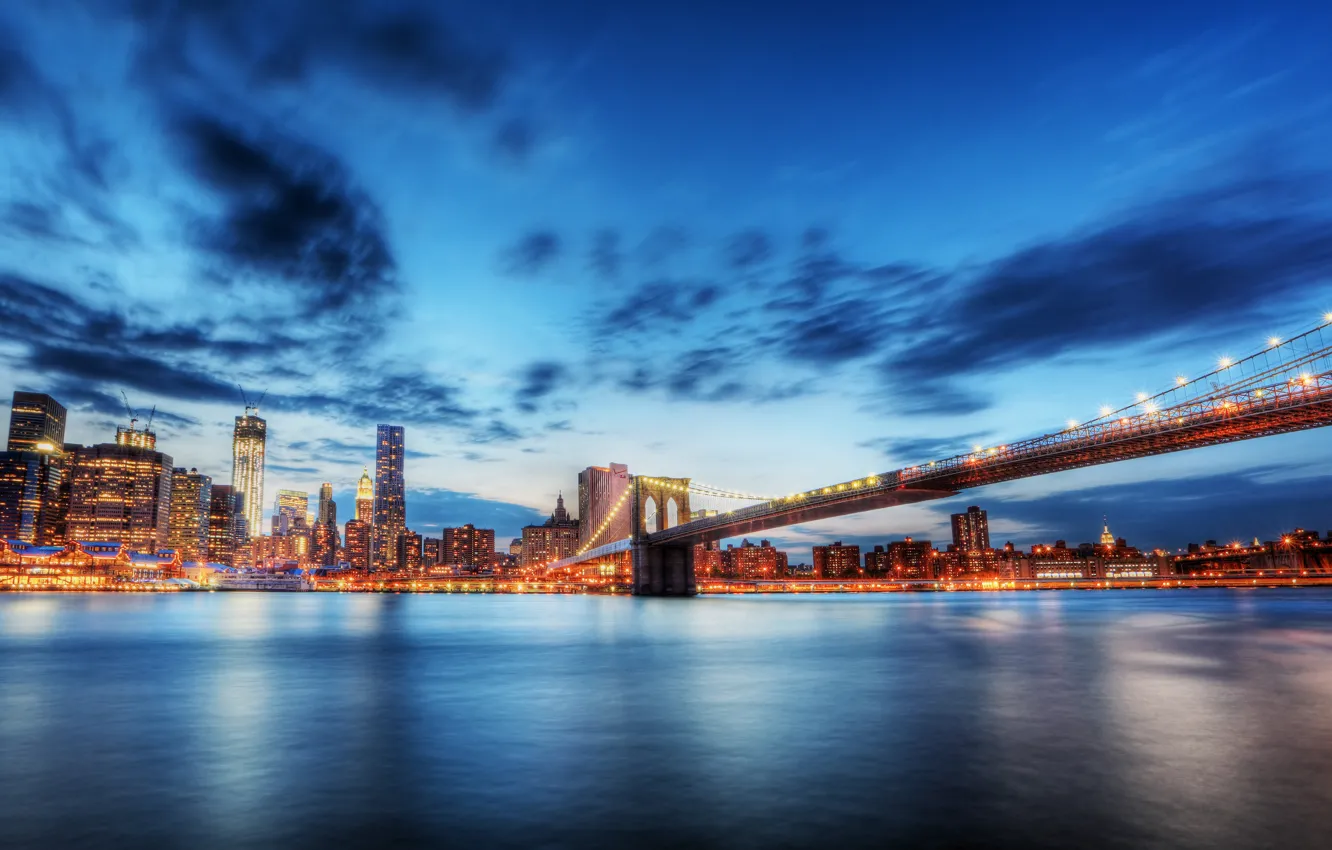 Photo wallpaper summer, the city, New York, blur, Brooklyn bridge, New York, illumination, Brooklyn Bridge