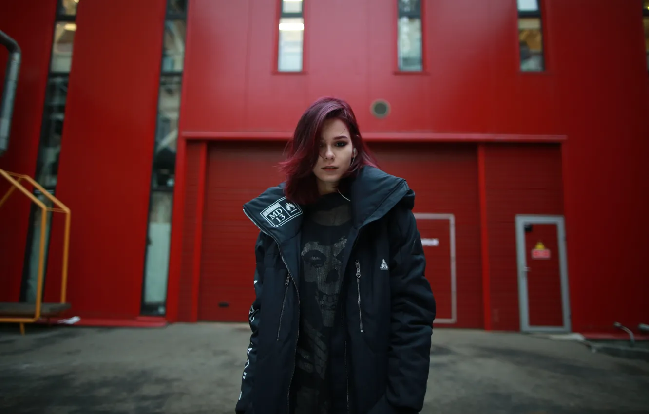 Photo wallpaper sake, model, alone, women, redhead, jacket, t shirt, Irina Telicheva