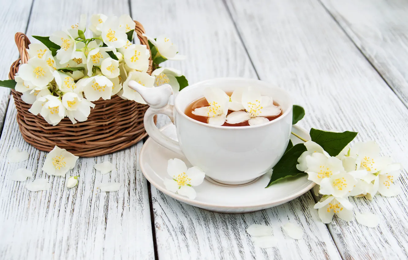 Photo wallpaper flowers, tea, Cup, basket, Jasmine, Olena Rudo