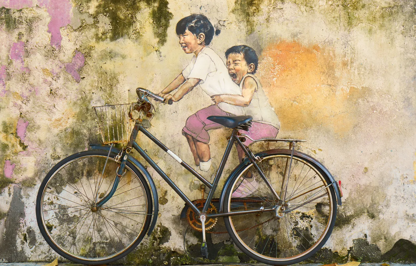 Photo wallpaper bike, children, graffiti, wall painting