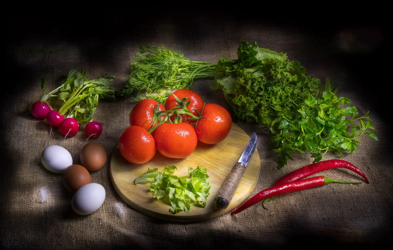 Photo wallpaper greens, eggs, dill, knife, pepper, still life, tomatoes, parsley