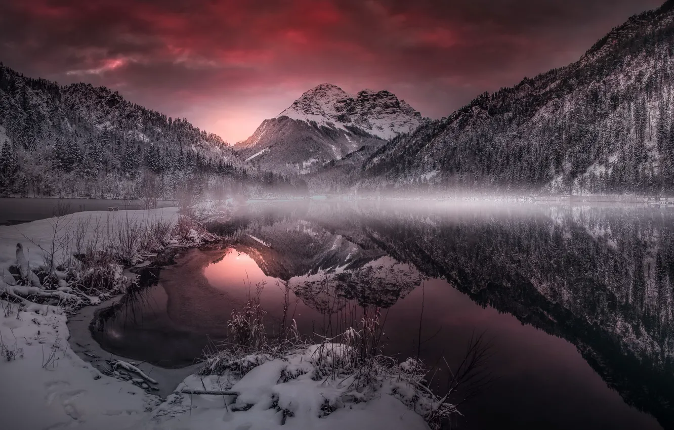 Photo wallpaper sunset, mountains, nature, lake