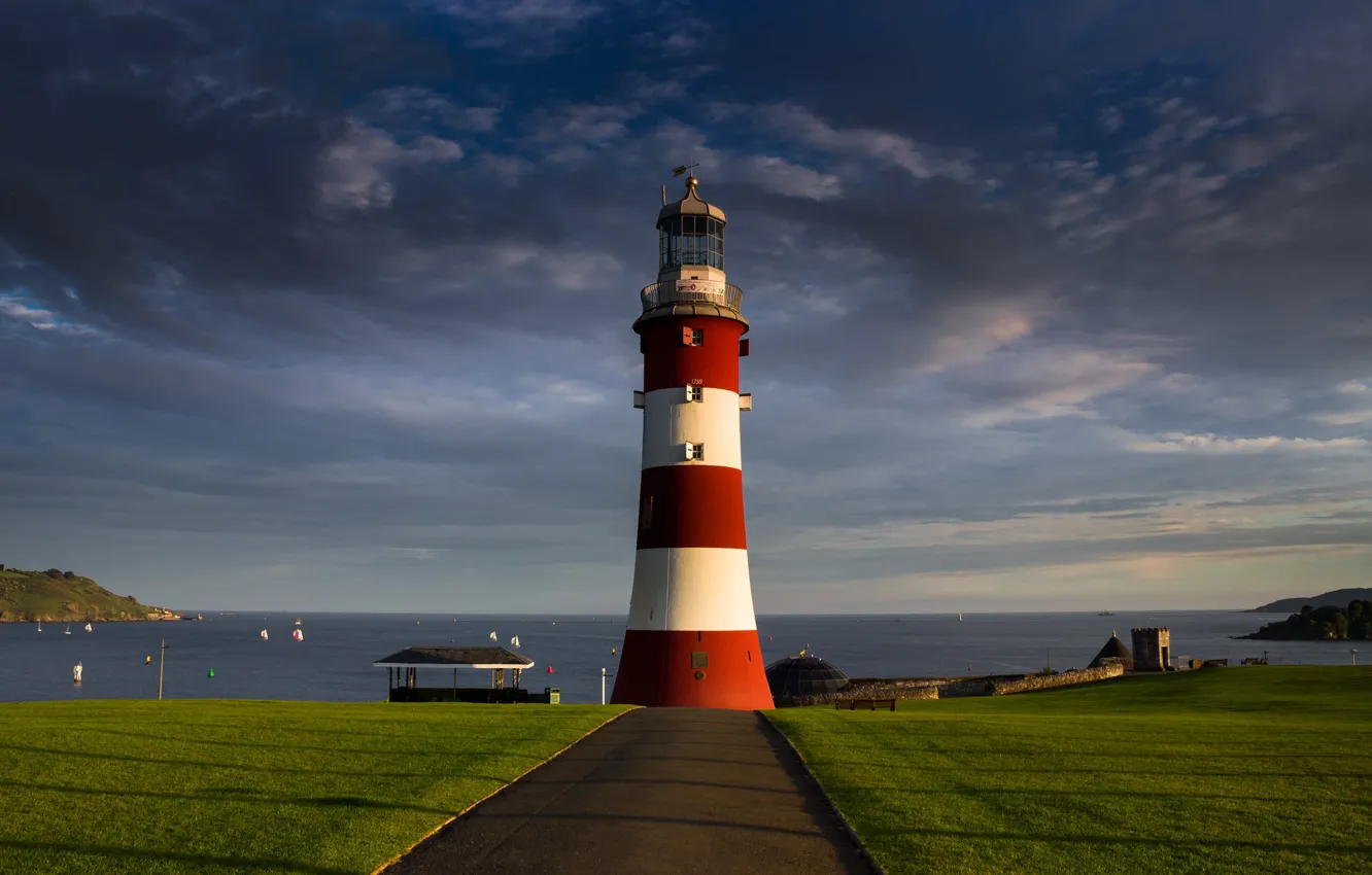 Photo wallpaper road, sea, lighthouse, England, Plymouth
