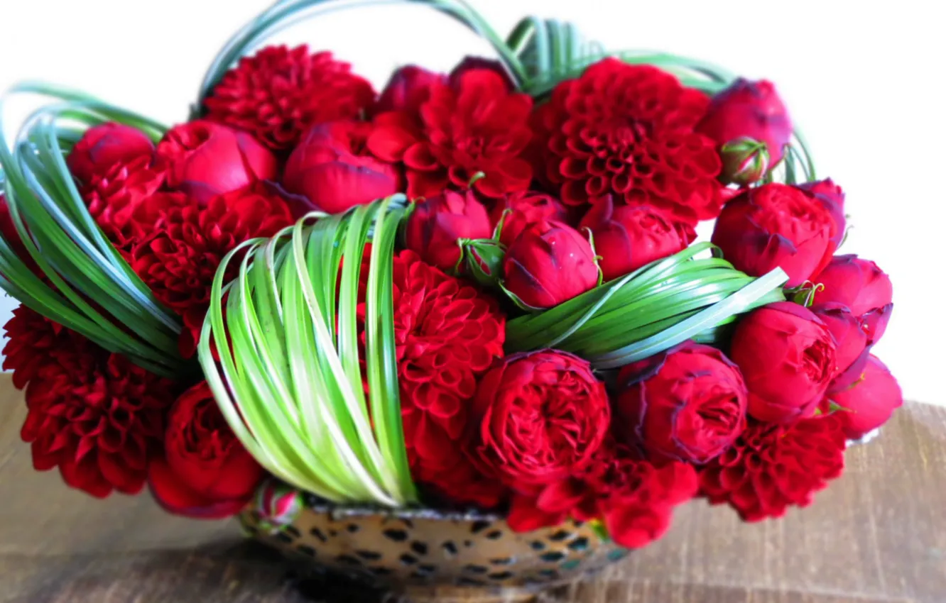 Photo wallpaper grass, roses, vase, dahlias