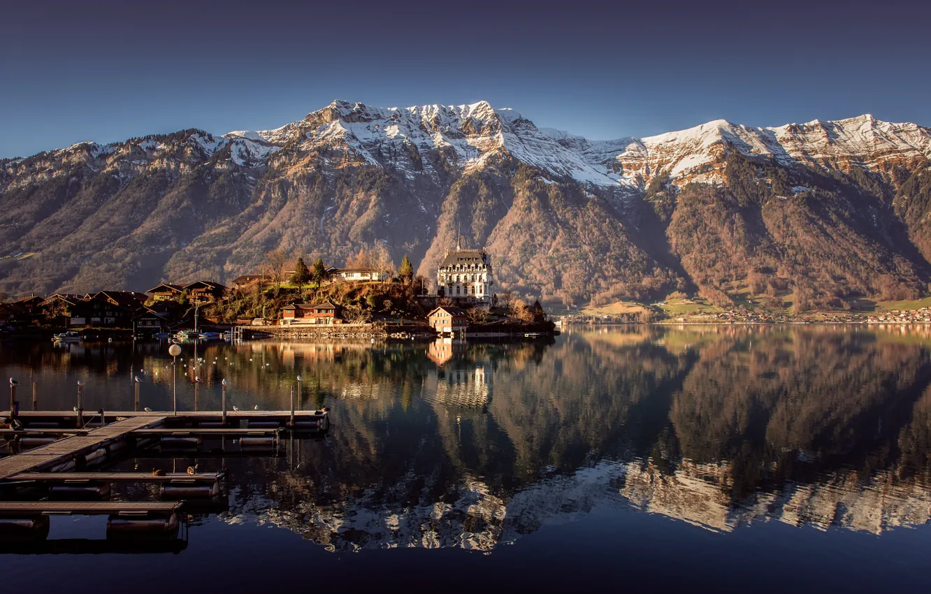 Photo wallpaper water, snow, mountains, surface, reflection, Marina, Switzerland