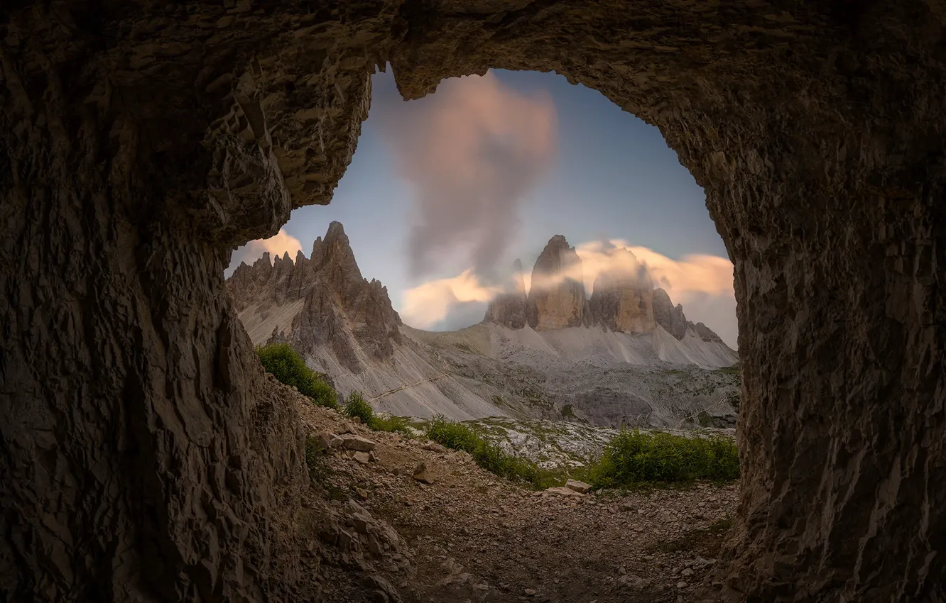 Photo wallpaper the sky, clouds, landscape, mountains, nature, Italy, the grotto, The three Peaks of Lavaredo