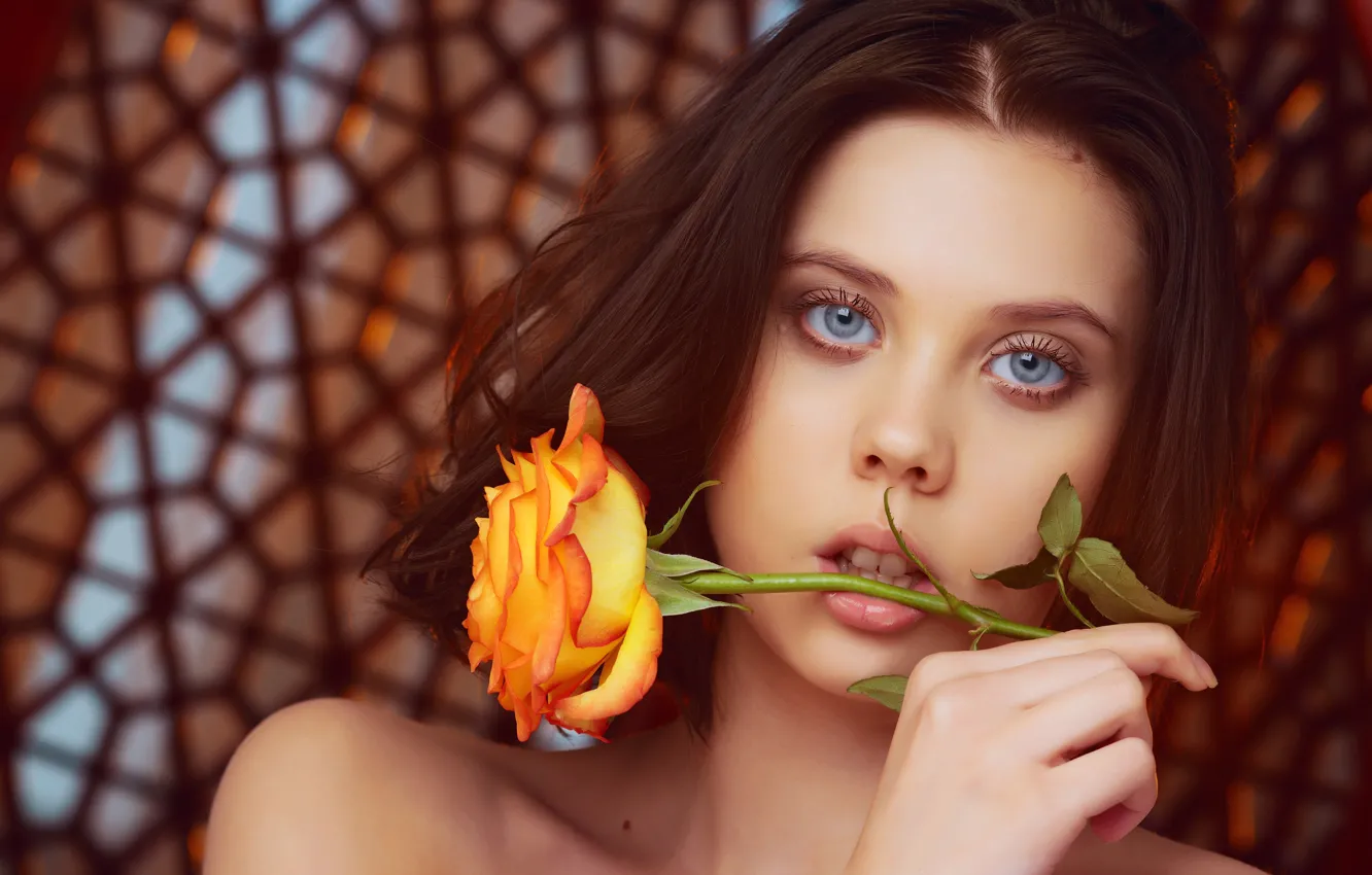 Photo wallpaper look, girl, flowers, hair, bare shoulders