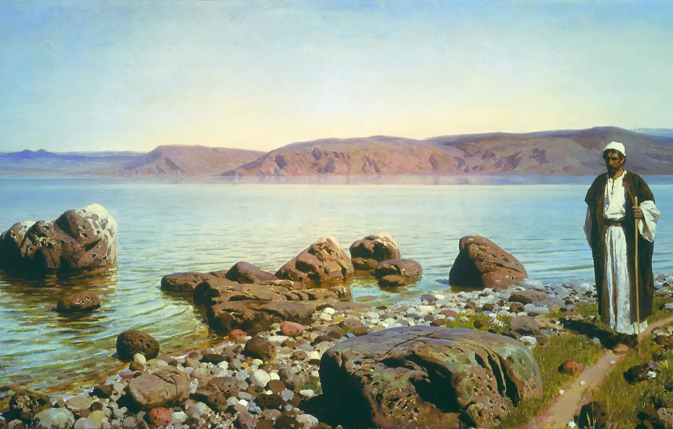 Photo wallpaper landscape, mountains, picture, traveler, Vasily Polenov, On the sea of Galilee