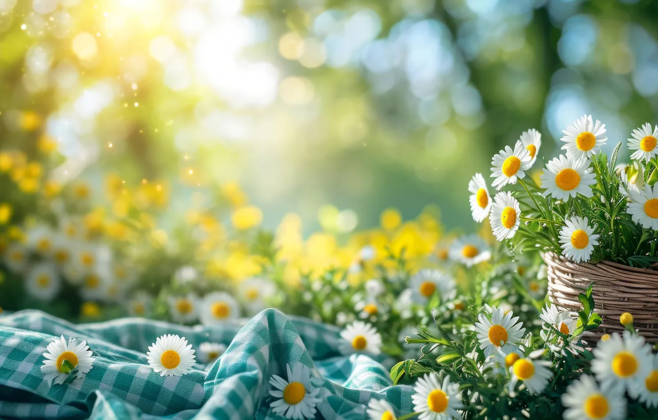 Photo wallpaper light, flowers, nature, glade, chamomile, towel, bouquet, spring