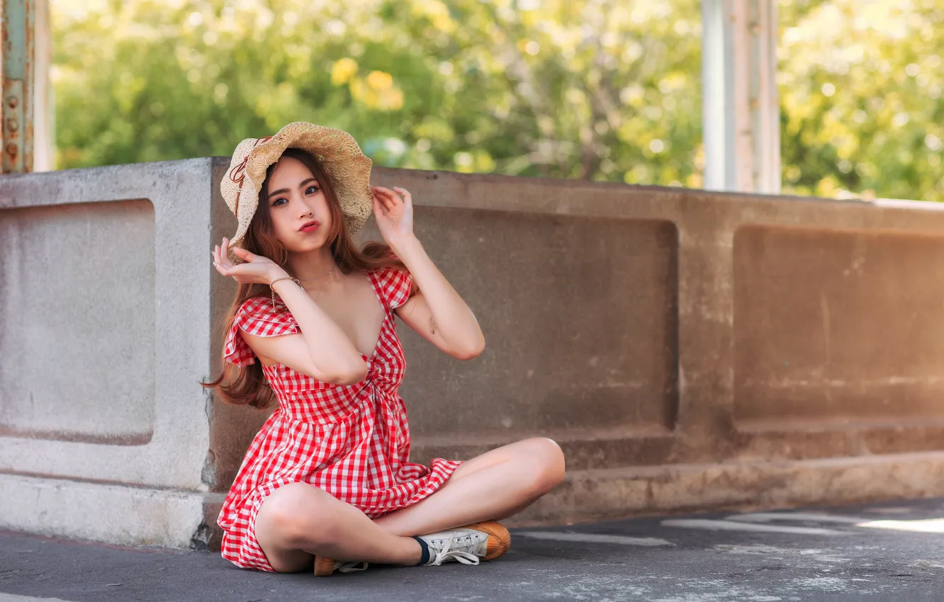 Photo wallpaper look, pose, model, sneakers, portrait, hat, makeup, dress