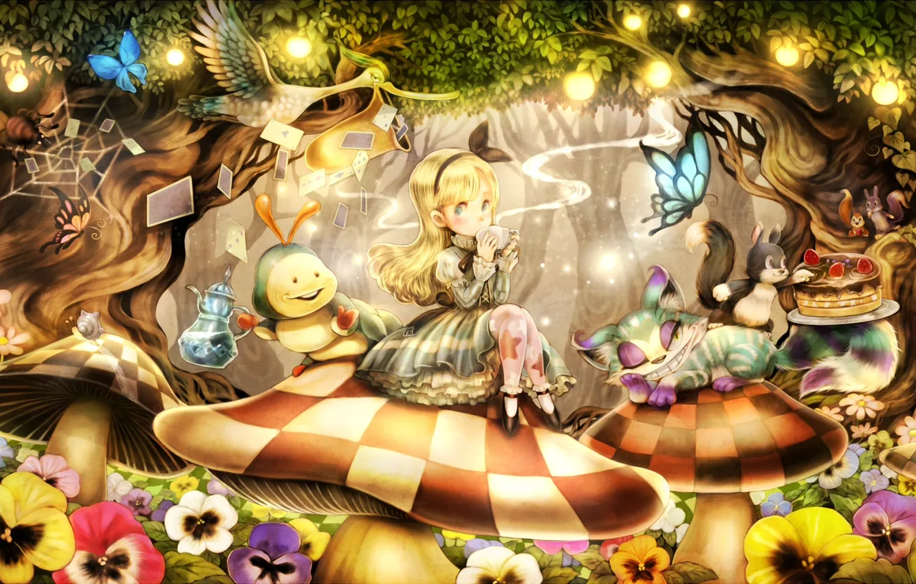 Photo wallpaper caterpillar, bird, butterfly, mushrooms, spider, protein, the tea party, girl